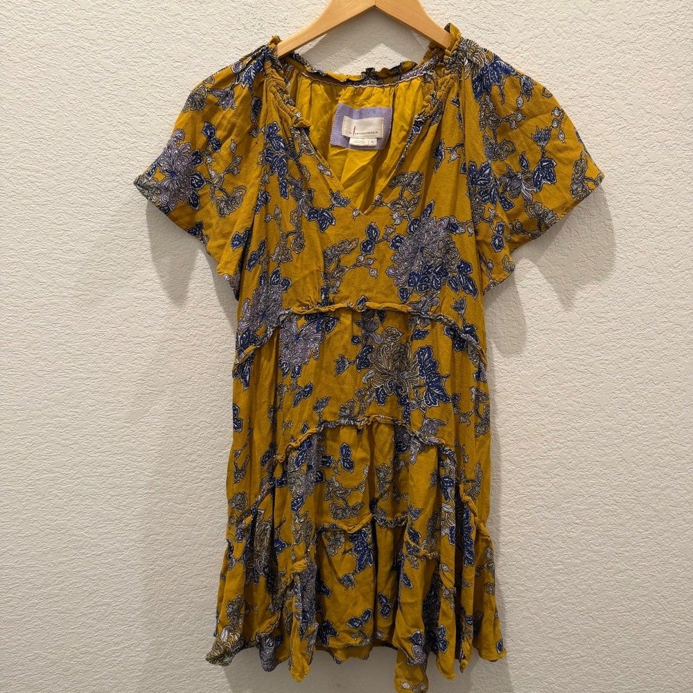 Anthropologie Mustard Yellow Floral Tiered Mini Dress Boho V-Neck Small